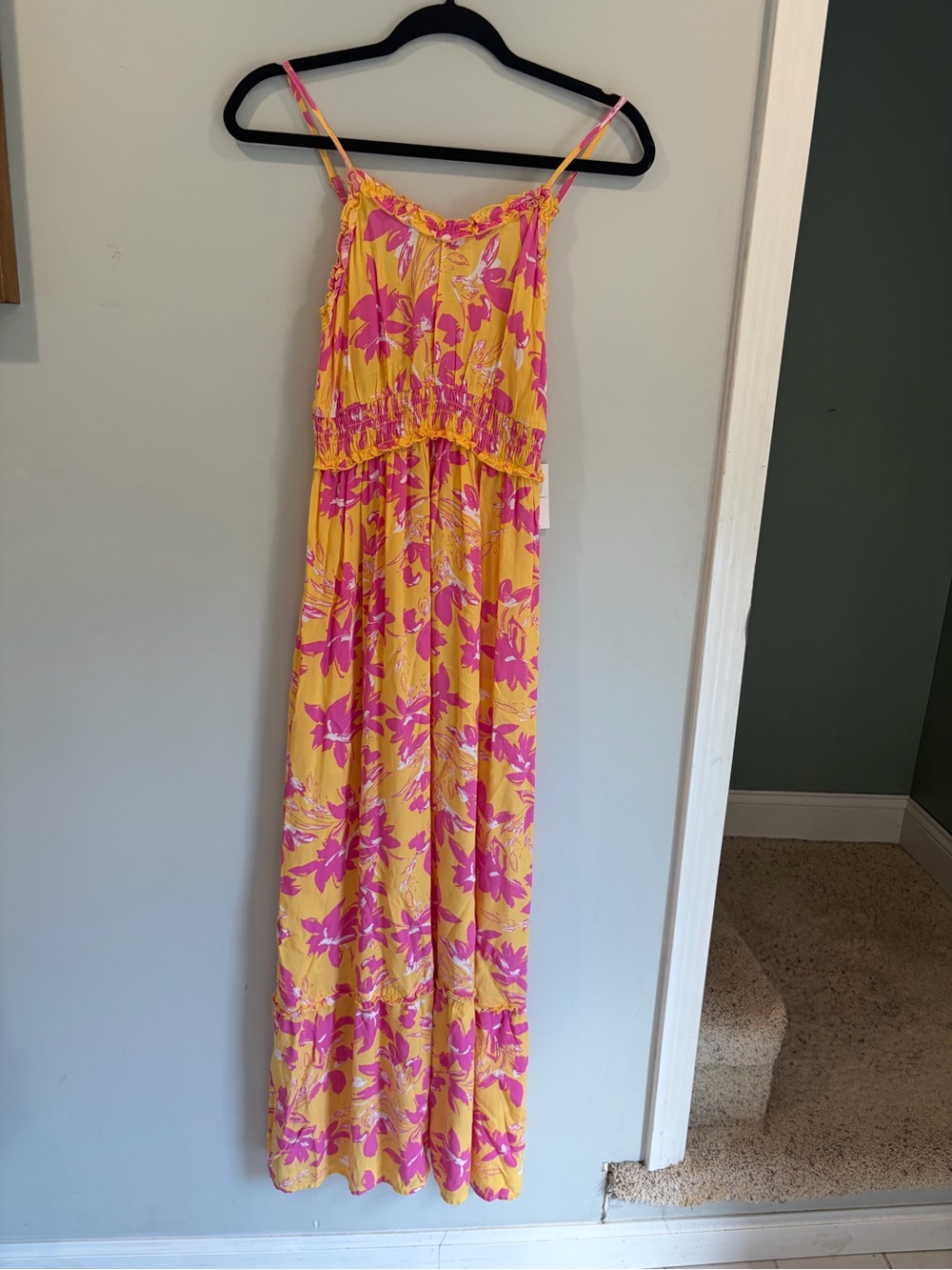 Jessica Simpson- Yellow & Pink Tropical Floral Spaghetti Strap Boho Maxi Dress